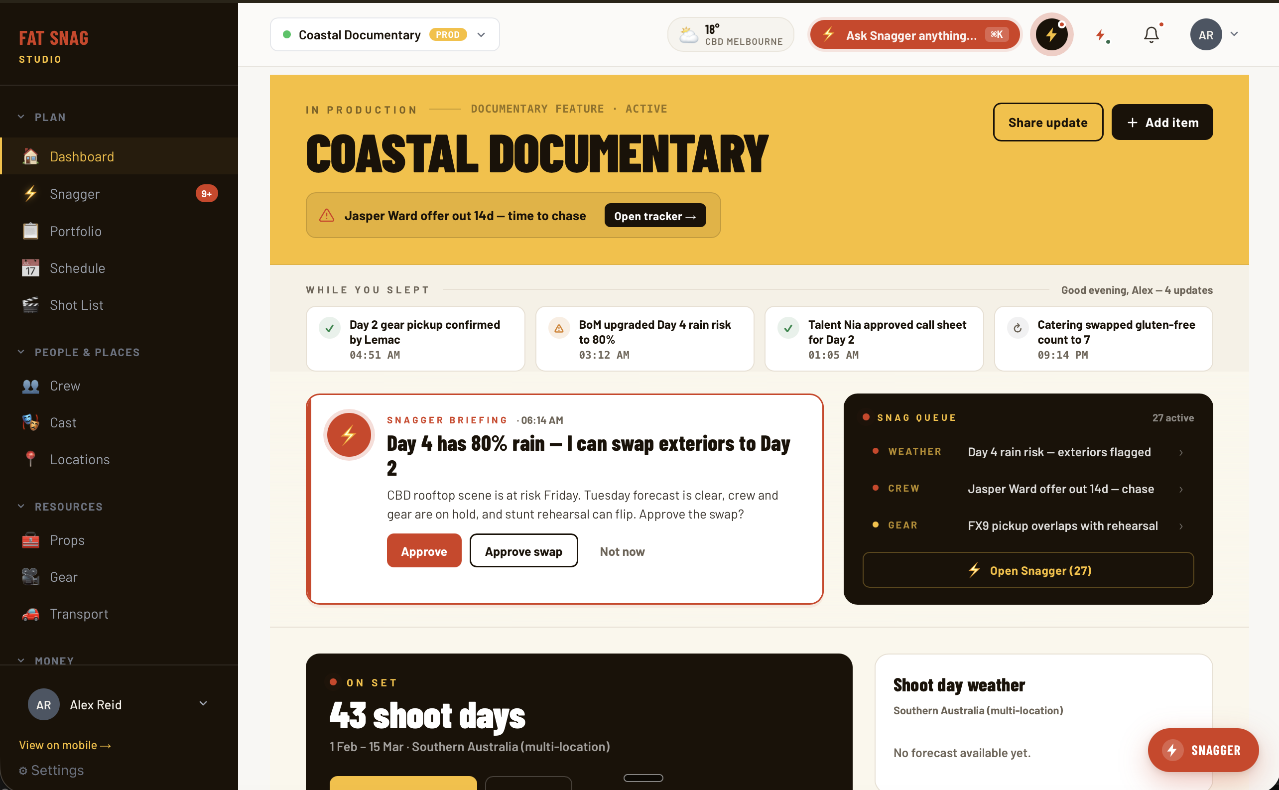 Fat Snag Studio dashboard — Coastal Documentary production view with Snagger briefing, snag queue, and shoot day weather