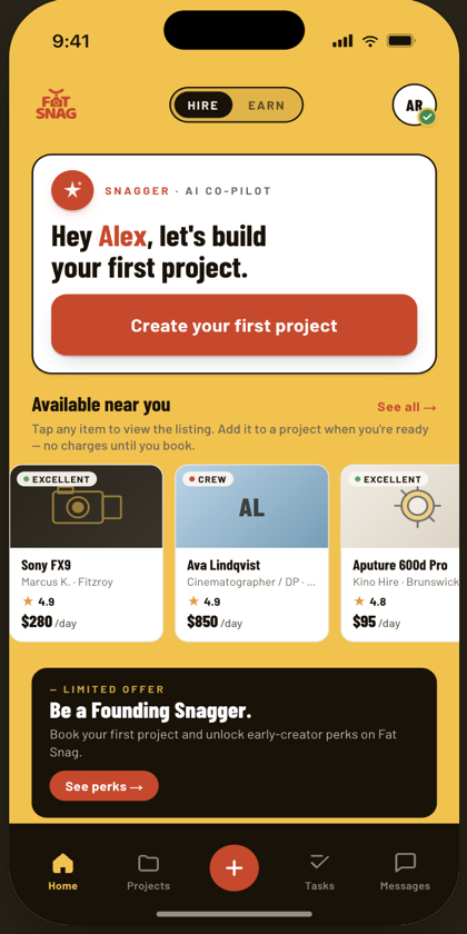 Fat Snag mobile Hire screen — Snagger AI co-pilot prompting Alex to build their first project, with Sony FX9, Ava Lindqvist crew, and Aputure 600d Pro available near you
