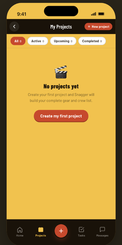 Fat Snag mobile My Projects screen — empty state with All / Active / Upcoming / Completed filters, prompting Alex to create a first project so Snagger can build the gear and crew list