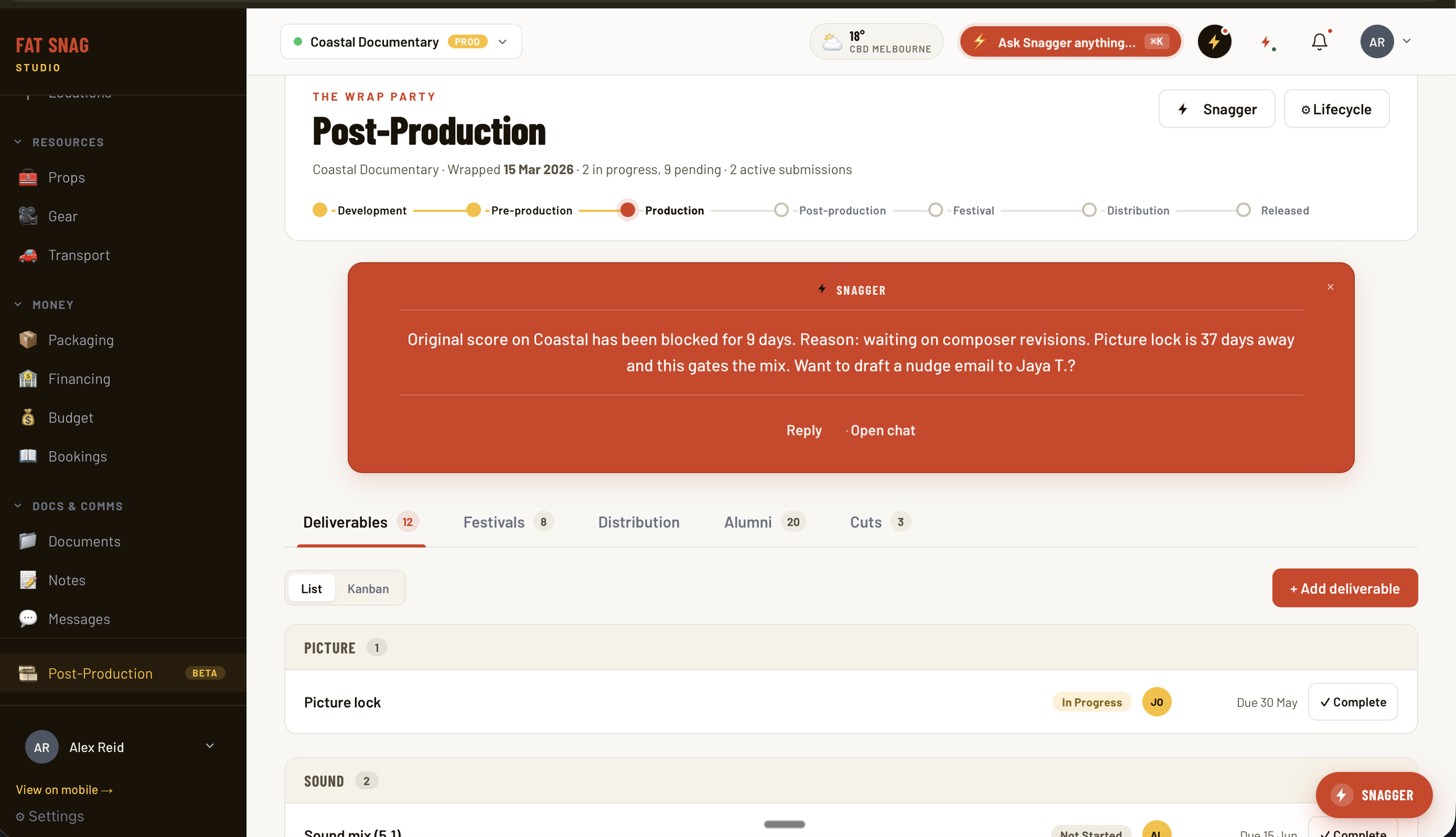 Fat Snag Post-Production page — The Wrap Party view with project lifecycle, Snagger composer-revisions warning, and deliverables checklist for picture lock and sound mix