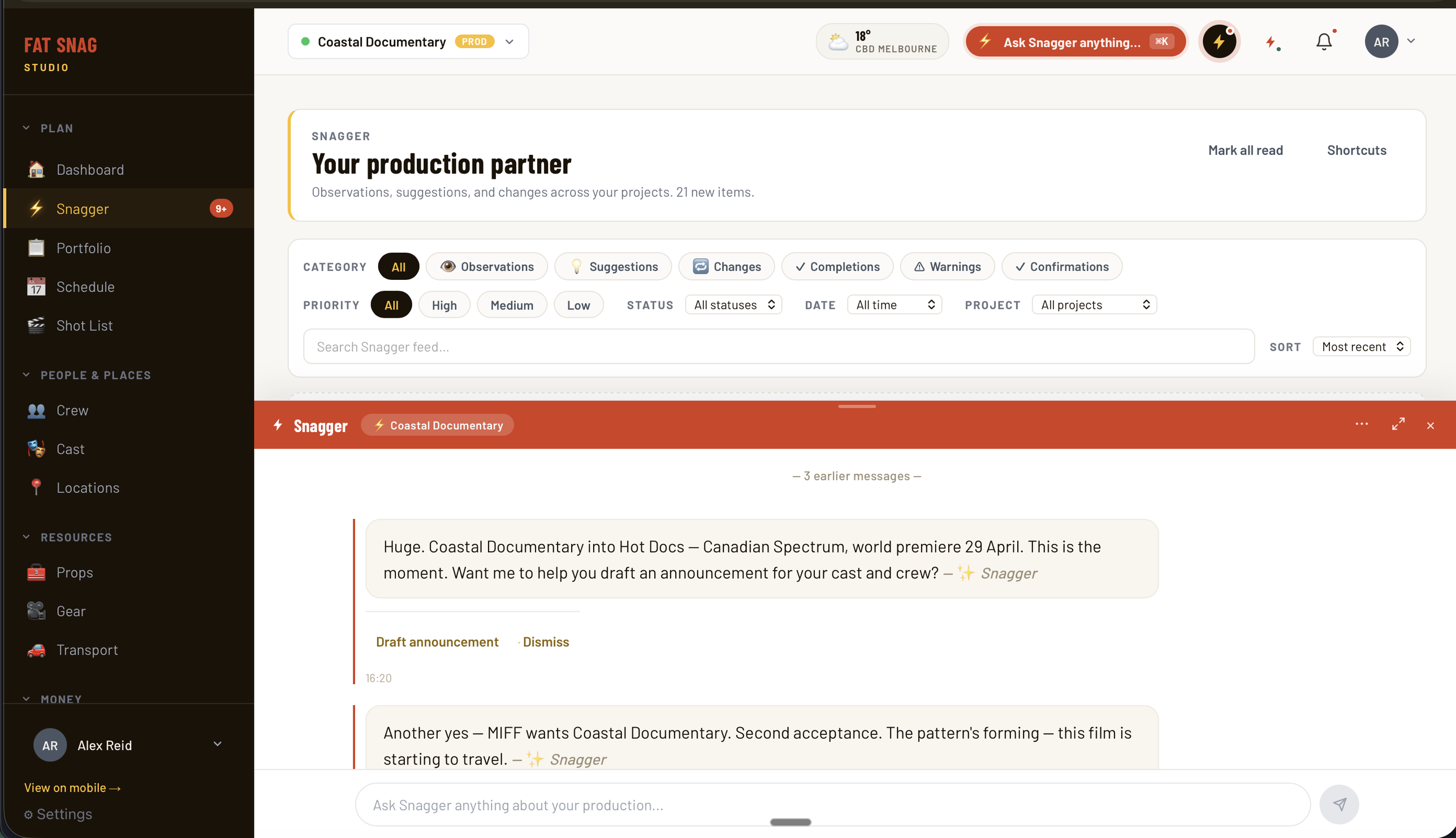 Fat Snag Snagger AI feed — Your production partner with category and priority filters, plus a Coastal Documentary chat thread about Hot Docs and MIFF acceptances