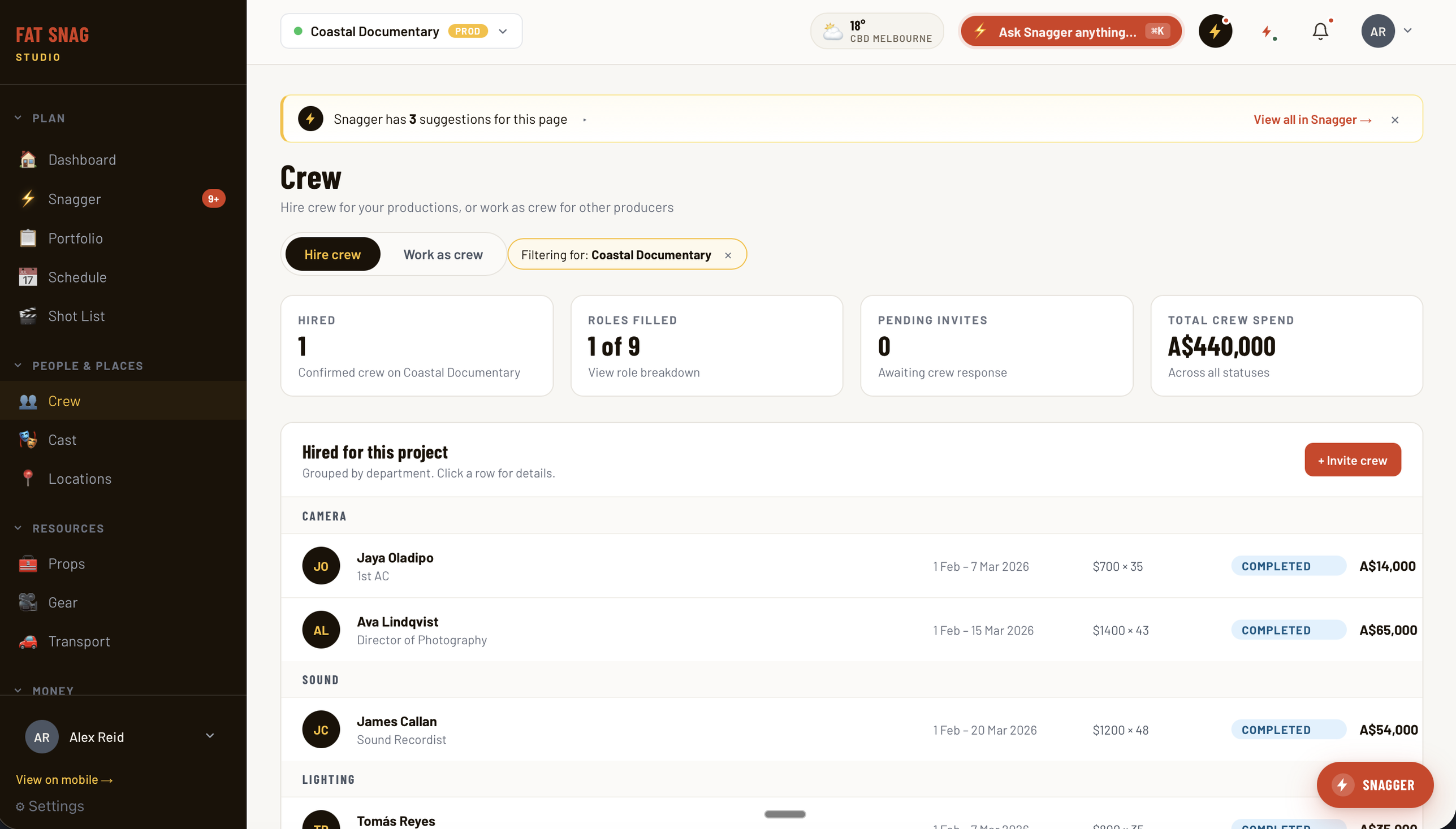 Fat Snag Studio Crew page — Coastal Documentary crew hiring view with hired roles, total spend, and crew breakdown by department